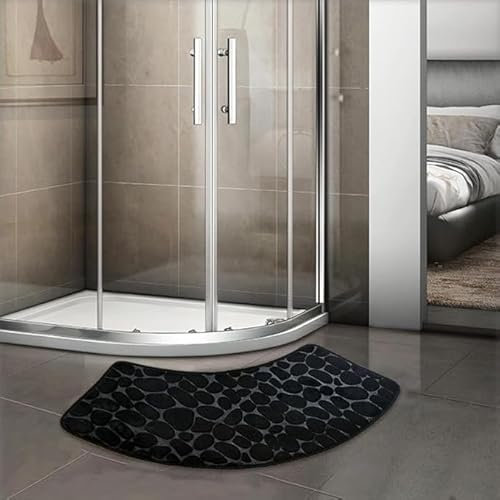 Curved Bath Mat - Stone Pattern Semi Circle Shower Rug, Non Slip Soft Absorbent Bathroom Door Mat for Toilet Bathtub Entry, Washable Fanned Corner Floor Carpet for Home Hotel (Black,40x100cm)