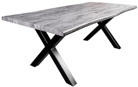 Riess Ambiente Industrial Esstisch WILD - 180cm - grau gekälkt schwarz - Wildeiche-Design - Baumkante X-Gestell Konferenztisch