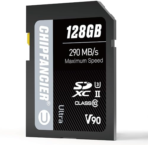 CHIPFANCIER 128GB SD V90 Card SDXC UHS-II V90 Memory Card R290MB/s W290MB/s C10 U3 V90 Full-HD & 8K Video Black