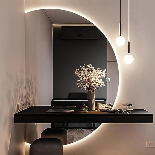 Smart Specchio da bagno a LED a mezzaluna, 120 cm, anti-appannamento, dimmerabile, da parete, design retroilluminato senza cornice, per bagni moderni