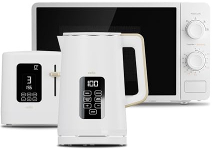 Cello White Uni Bundle: 1.7L 3000W Kettle with Temperature Control & LED Display | 800W Slice Toaster with Digital Timer & High Lift | 800W 20L Digital Microwave, 8 Cooking Functions & Quick Defrost
