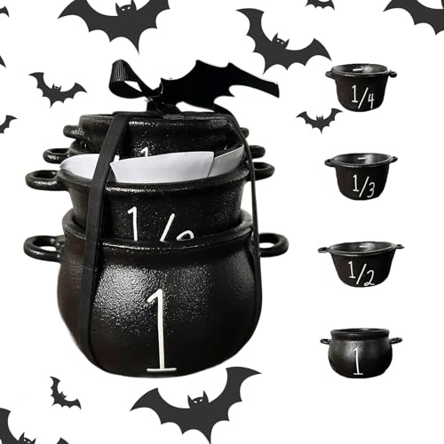 Gonggi 4PCS Mini Witch Cauldron Set, Halloween Plastic Measuring Cups Baking Tools Spooky Witches Bowls, Halloween Kitchen Party Decorations and Supplies