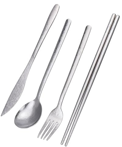 iBasingo Set de couverts de camping en titane - Poignée longue - Cuillère fourchette - Couteau - Baguettes - Utilité - Vaisselle en métal - Utilisation quotidienne - Ustensiles de voyage (Ti1056T
