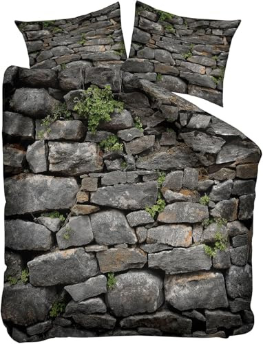 Steinmauer Bettwäsche 135x200 Retro Bettwäsche Set, 3D Bettbezug Set Weich Microfaser Bettbezüge 2 Teilig Landhausstil Wendebettwäsche für Einzelbett, mit 1 Kissenbezug m625