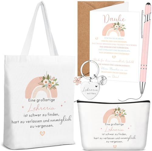 Xuniea 5 Dankeschön Geschenk für Lehrerin Tagesmutter, Großartige Lehrerin | Baumwolltasche, Make up Tasche, Schlüsselanhänger, Kugelschreiber, Dankeskarte mit Umschlag, Abschiedsgeschenk für Kita