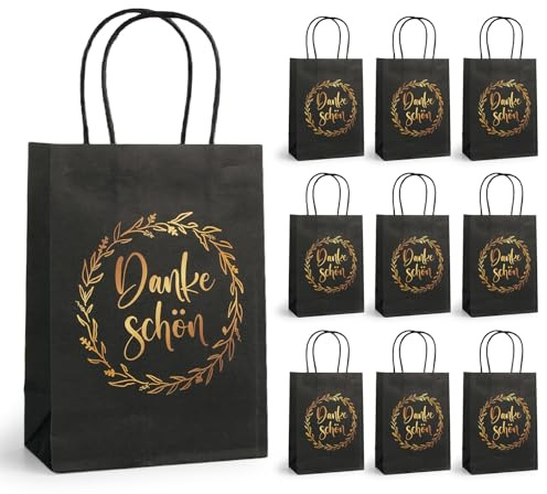10 Stück Danke Schön Papiertüten mit Henkel, 21x15x8cm Schwarze Kraftpapier Geschenktüten mit goldenem Kranz Dankeschön Geschenke Mitgebsel für Party Hochzeit Geburtstag