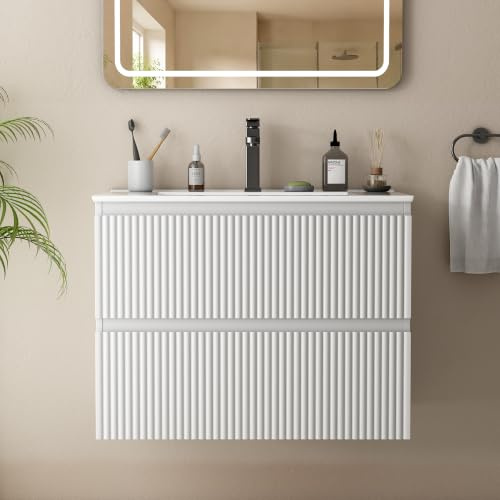 Wumagin Waschbecken mit Unterschrank 60 cm, Badmöbel Set mit Keramikwaschbecken, Wandhängender Waschtisch mit 2 Schubladen Rillendesign für Badezimmer, Weiß
