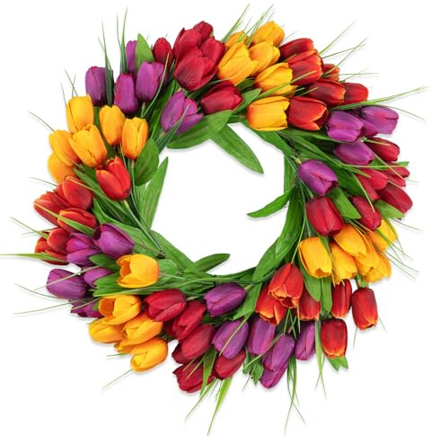 Enyhom Spring Tulip Front Door Wreath, 45cm Farmhouse Summer Wreaths for Indoor Outdoor, Lifelike Artificial Flower Wreath Decoration All Seasons Wall Home Decor All Year
