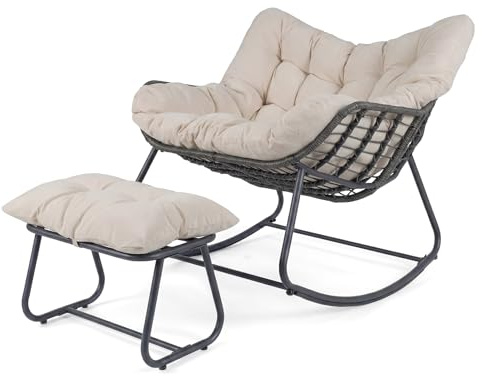 SOARS Poltrona a Dondolo con Poggiapiedi, Sedia a Dondolo da Interno ed Esterno, Poltrona Relax in Rattan con Cuscini Rimovibili per Soggiorno, Balcone e Giardino, Portata 150 kg (Beige)