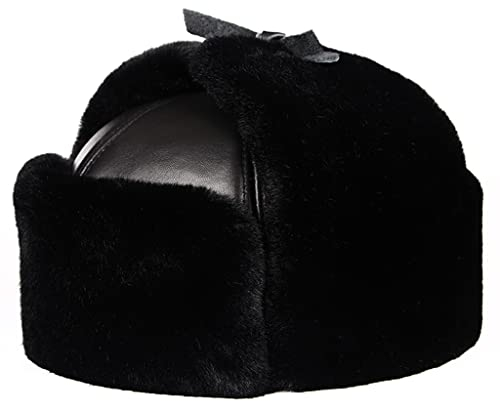 ZHOUXIAO Winter Lederhut Aviator Hut Ohrlappen, Unisex Winddichte wasserdichte Mütze Echte Lederhüte Bomber Trapper Hut, Weiche Warme Jagd Hut Russian Kunstpelz Trooper Hut