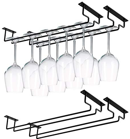 MOCOUM 15.6 Wine Glass Rack Under Cabinet - 4 Pack Stemware Holder, Holds Up To 10 Glasses, Wire Storage Hanger for Kitchen Bar (Black)
