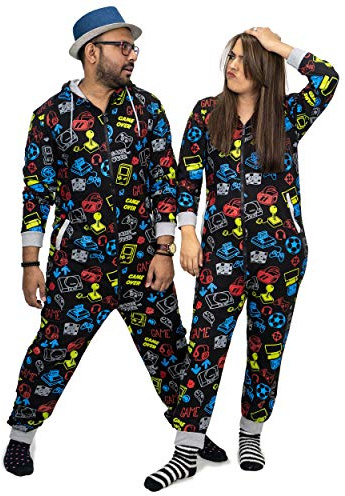 NOROZE Hommes Garçons Jeux Combinaison Grenouillère Unisexe Enfants Pyjamas Tout en Un Ensemble Familiale Jumpsuit Joueur Vêtements d intérieur Cadeaux pour Femmes Filles (L, Noir)