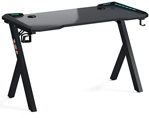 Hironpal Black Gaming Desk with LED Lights, Computer Desk Workstation for Home Office Desk with Carbon Fibre Surface, PC Study Table with Cup Holder and headphone Hook for Laptop Home Office (Black)