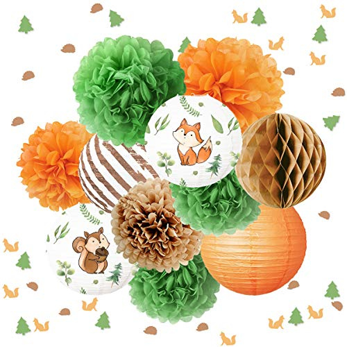 NICROLANDEE 12 Stück Waldtier-Papierlaternen, Seidenpapier, Pom Poms, Tischkonfetti 50g für Deko 1. Geburtstag Junge Safari, Kinder Junge Mädchen Wild One Geburtstag Deko, Dschungeltier-Party