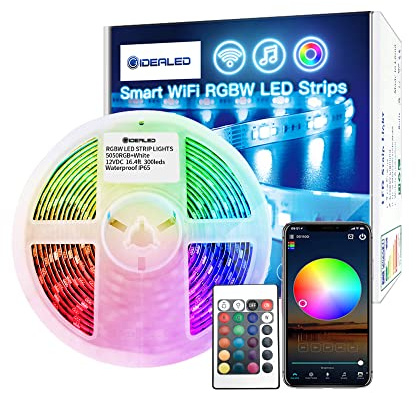 RGBW WiFi LED-remsa 5 m dimbar kit kompatibel med Alexa/Google Assistant, smart app/röststyrning RGB varm vit Alexa LightStrip färgväxling musik synk för sovrum party Ambiance Lighting
