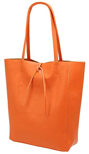 SH Leder ® Damen Echt Rindleder Shopper mit Innentasche in vielen Farben Schultertasche Henkeltasche 37x29cm Kora G266 (Orange)