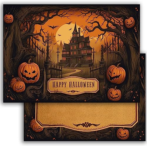 10 Halloween Karten Einladungskarten Einladung Jungen Mädchen Geburtstag Party Erwachsene Motiv Halloweenparty Grusel-Party Horror-Party Set gruselig Kürbisse Elegant Schwarz Orange nostalgisch