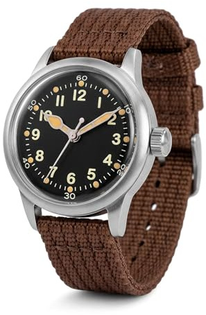 PRAESIDUS A-11 Military Watch | Automatic WW2 Field Watch for Men | 42mm Stainless Steel Case with Black Dial & Brown Nylon Strap and 100M Water Resistance, Assembled in USA