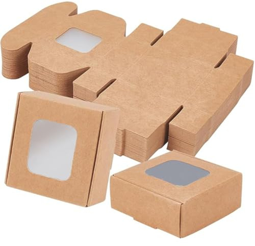 BENECREAT 48 Packungen 5.5x5.5x2.5 cm Braune Kraftpapierbox Mit Durchsichtigen Fenstern, Faltbare Geschenkbox Aus Papier, Für Party, Hochzeit