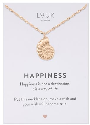 LUUK LIFESTYLE Collana con ciondolo Conchiglia e acciaio inossidabile (50 cm), con carta HAPPINESS, idea regali donna, lei, compleanno, portafortuna, gioielli semplice, mare, oro rosa
