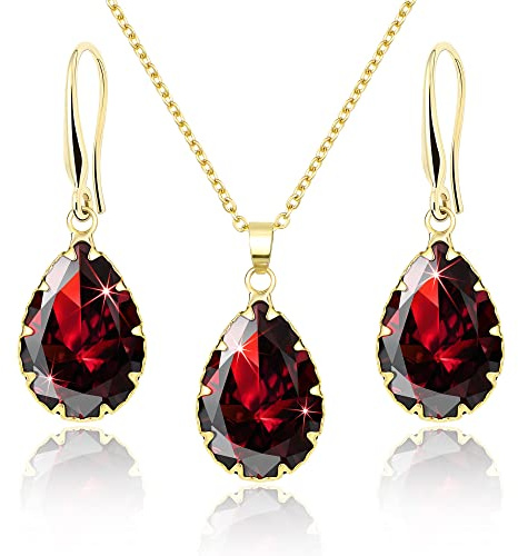 Linawe Ruby Crystal Jewellery Sets, Gold Earring Necklace Set Women Trendy, Imitation Diamond Pendant Rhinestone Drop Dangle Boho Wedding Jewellery, Rhinestone Cubic Zirconia Teardrop