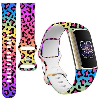 BOSPFJG Sport Bands Compatible with Charge 5/6, Soft Waterproof Silicone Replacement Straps Wristbands for Fitbit Charge Advanced Fitness Tracker (Rainbow Color Leopard, 130mm-220mm)