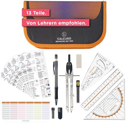 CALCUSO GEOMETRIE SET PRO in orangener Federmappe/Federmäppchen mit Zirkel und Geodreieck - Praktisches Mäppchen für Schule, Uni, Büro und Zeichnungen - Ideal als Geometrie-Set für die Schule