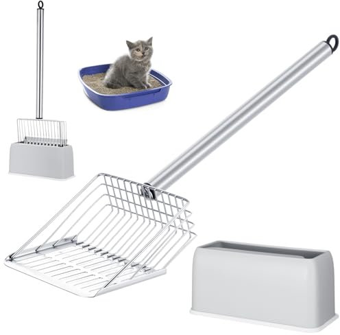 Tioncy Metal Cat Litter Scoop with Holder 17.5 Inch Long Handle Cat Scooper for Litter Box Deep Cat Fast Sifter Shovel Stainless Steel Cat Litter Sifter Scoop Pet Scooper for Kitten Cat Dog Poop