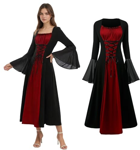 YORDET Disfraz renacentista para mujer, vestido medieval con mangas de trompeta, disfraz de vampiro, vestido gótico para mujer para fiesta de Halloween (Rojo, S)