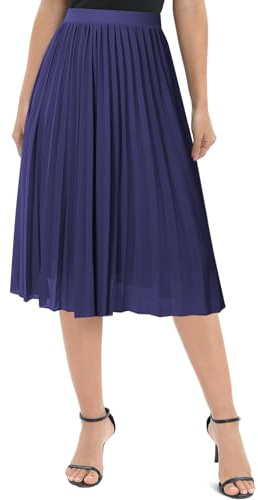 Genfien Donna Chiffon Elastico Vita Linea A Pieghettato Midi Gonna con Fodera