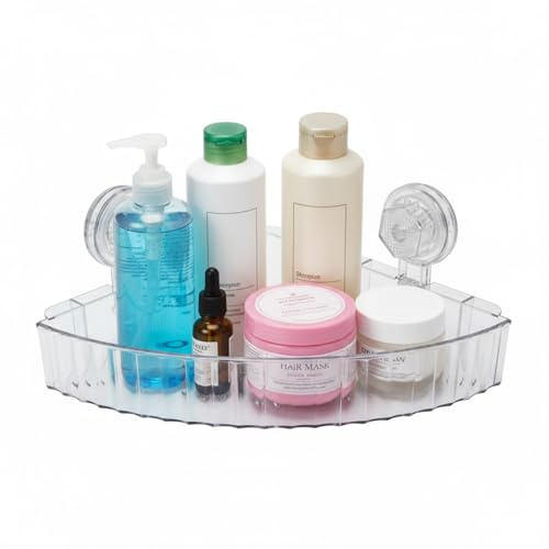 Punorric Corner Shower Caddy Suction, Clear No-Drilling Shower Shelf with Draining Holes, Removable Wall Mounted Bathroom Caddy Suction, Heavy Duty Bathroom Shelves for Conditioner, Soap, Shampoo