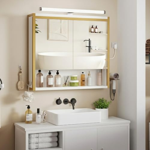 ELUCHANG Spiegelschrank Bad mit Beleuchtung,LED Spiegelschrank Bad 60x60x15cm, E1 MDF+Metall Badezimmerschrank/IP44/Verstellbaren Ablagen, Haartrocknerhalter+Haken,Weiß/Golden