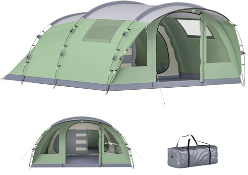 Outsunny Tenda Campeggio a Tunnel per 5 Persone Alta 196cm con 2 Stanze, Tenda da Campeggio Familiare Impermeabile 3000mm con Veranda, 4 Finestre, Gancio, Borsa Trasporto, per Trekking, Verde Chiaro