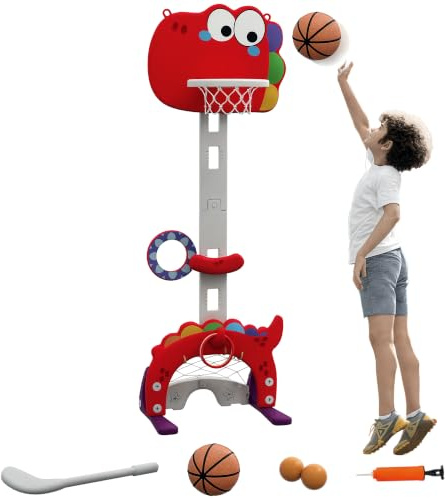 AIYAPLAY 5-in-1 Basketball Set Dinosaur Indoor for Boys Girls 3-6 Years Red | Kids Sports Set, Adjustable Basketball Stand, Ring Toss, Football Goal and Golf Game, Adjustable 96-130 cm Height