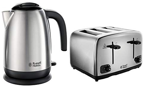 Russell Hobbs Adventure Brushed and Polished Stainless Steel Four Slice Toaster with Brushed Kettle Bundle