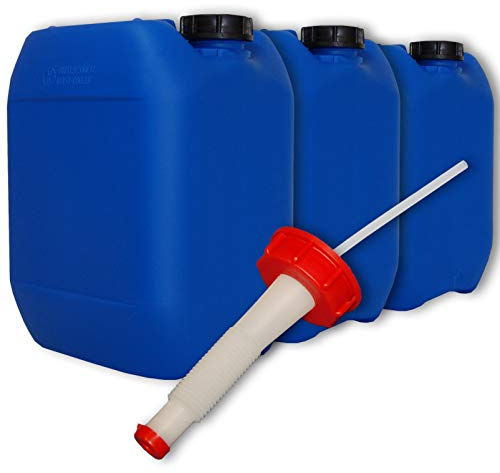 plasteo Lote de 3 bidones de Polietileno/Jerrycan 10 L Azul DIN 51 + 1 Pico vertedor Flexible Calidad alimentaria (22041x3+22021)