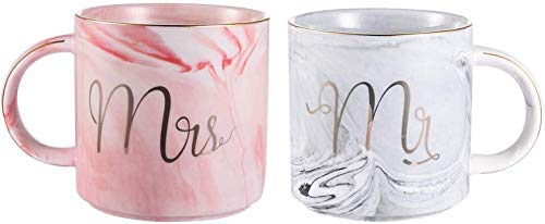 Mr und Mrs Tazze da caffè in ceramica Marbling con motivi dorati, perfette per caffè, tè e acqua, 400 ml, 2 pezzi, regalo per matrimonio, San Valentino, anniversario e Natale