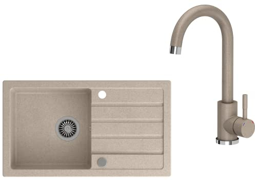 VBChome Spülbecken mit Armatur 77 x 44 cm Beige Spüle Einzelbecken Küche Einbauspüle Verbundspüle Küchenspüle gesprenkelt flächenbündig Siphon Waschbecken