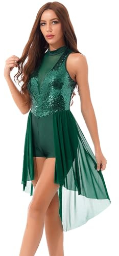 Doomiva Damen Tanzkleid Ärmellos Tanzanzug Glitzer Tanz Trikotanzug mit Asymmetrisch Rock Ballettkleid Tanzkleidung Grün S