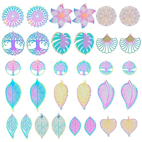 DICOSMETIC 32Pcs 16 Ciondoli In Filigrana In Acciaio Inossidabile Stile Foglia/Fiore/Albero Della Vita/Ciondoli Rotondi Piatti per Creazione di Gioielli Artigianali