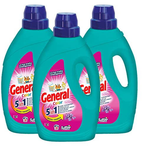 3x detersivo liquido General Color 5in1 per Lavatrice 28 Lavaggi - 3 Flaconi da 1,26L ciascuno