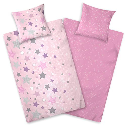 Aminata kids Biber Bettwäsche 135x200 Sterne Kinder Set mit Sternen Motiv für Mädchen rosa Reißverschluss