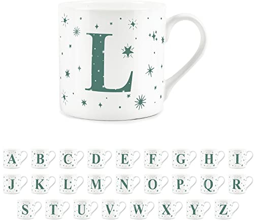 Purely Home Letter L Star Mug - Bone China White Coffee/Tea Present Gift - Alphabet Letter Mug with Stars in Teal Green Blue