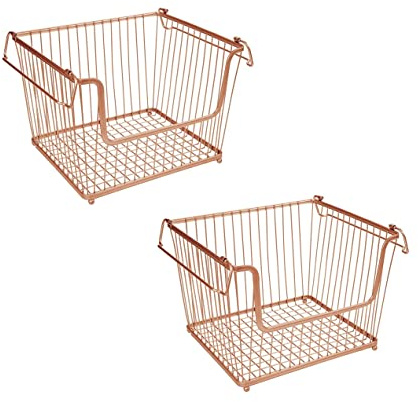 HOMION Large Stacking Basket Storage Veg Rack Stackers Shelf Multi-Purpose Stackable Wire Storage Basket with Carry Handles Kitchen Fruit Stand Stackable Kitchen Storage Display Rack (2)