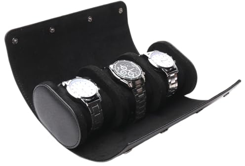 Gipsofila 3-Slot PU Leather Watch Roll Case, Black, Modern Watch Case with Removable Pillows for Travel and Storage