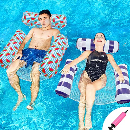 SHENGMEI Großer aufblasbarer Poolstuhl, 2 Stück, aufblasbarer Pool schwimmt für Erwachsene und Kinder, Schwimmbad, Hängematte schwimmend mit Bodennetz, aufblasbares Poolbett, Wasser-Lounge-Party, blau