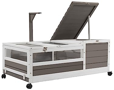 Gowoodhut Habitat de tortue sur roues, grande maison en bois, enclos pour tortue, cage d'extérieur pour reptiles avec plateaux étanches (99 x 58 x 35 cm)