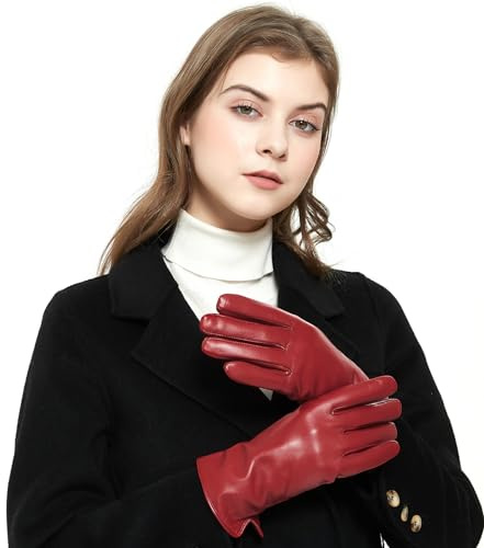 ZLUXURQ Damen Weiche Echte Lammfell Leder Touchscreen Winter Fahrhandschuhe Kaschmir gefüttert