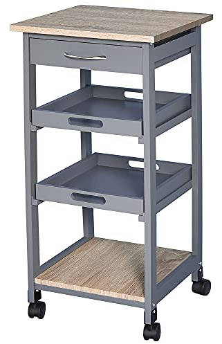 HOMCOM Carrello da Cucina con Cassetto, 2 Vassoi Estraibili e Ripiano Fisso, Carrello Portaoggetti in Legno di Pino e MDF, 37x37x76 cm, Grigio e Rovere
