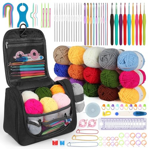 Aeeque Häkelset für Anfänger mit Ergonomisch Häkelnadeln und Acrylwolle - Bunte Zubehör zum Häkeln von Schals, Pullover, Decke für Kinder und Arthritis (Schwarz)